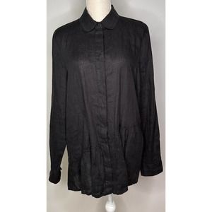 Flax women's black tunic peplum blouse linen long sleeve button up placket S